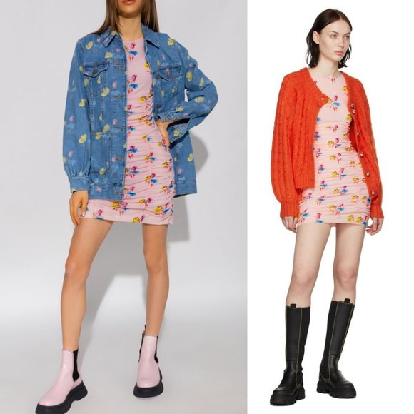 New GANNI Ruched Mesh Mini Dress in Light Lilac Size 18 - Picture 1 of 6